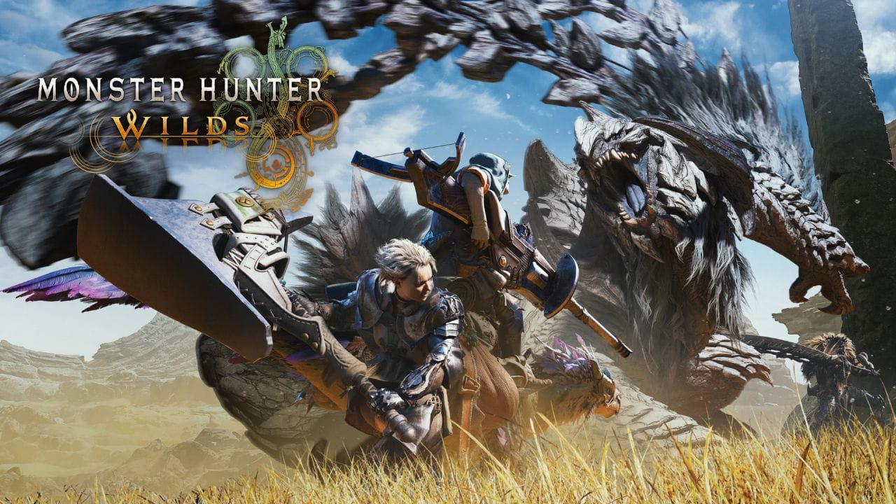 Monster Hunter Wilds Key art for Monster Hunter Wilds depicting a hunter facing a massive beast in a vibrant landscape, a title known for having one of the longest main stories.