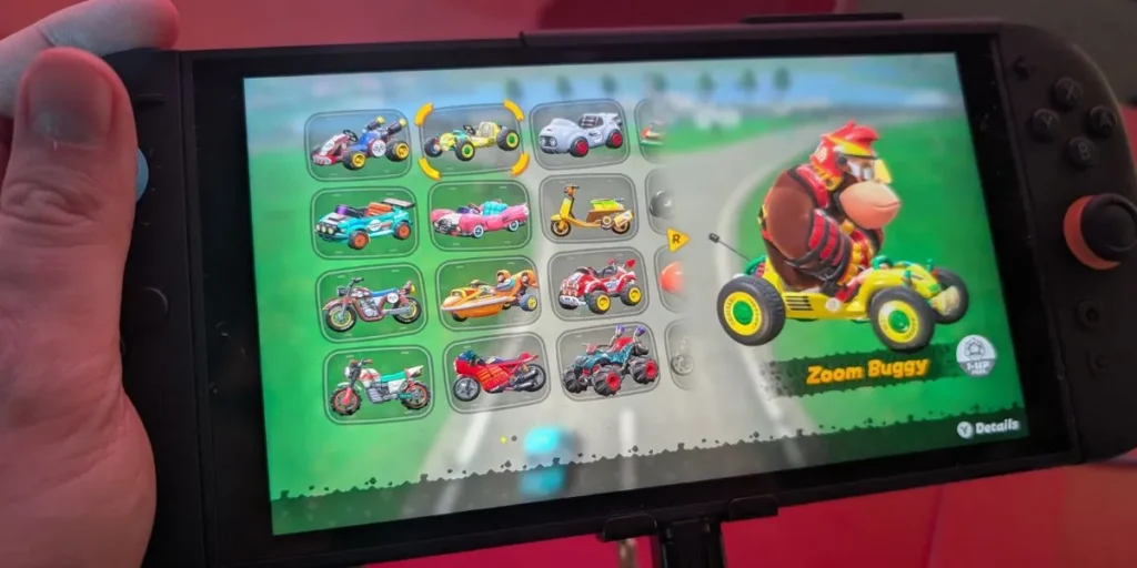 Nintendo Switch 2 console displaying vibrant gameplay from a launch title like Mario Kart World.