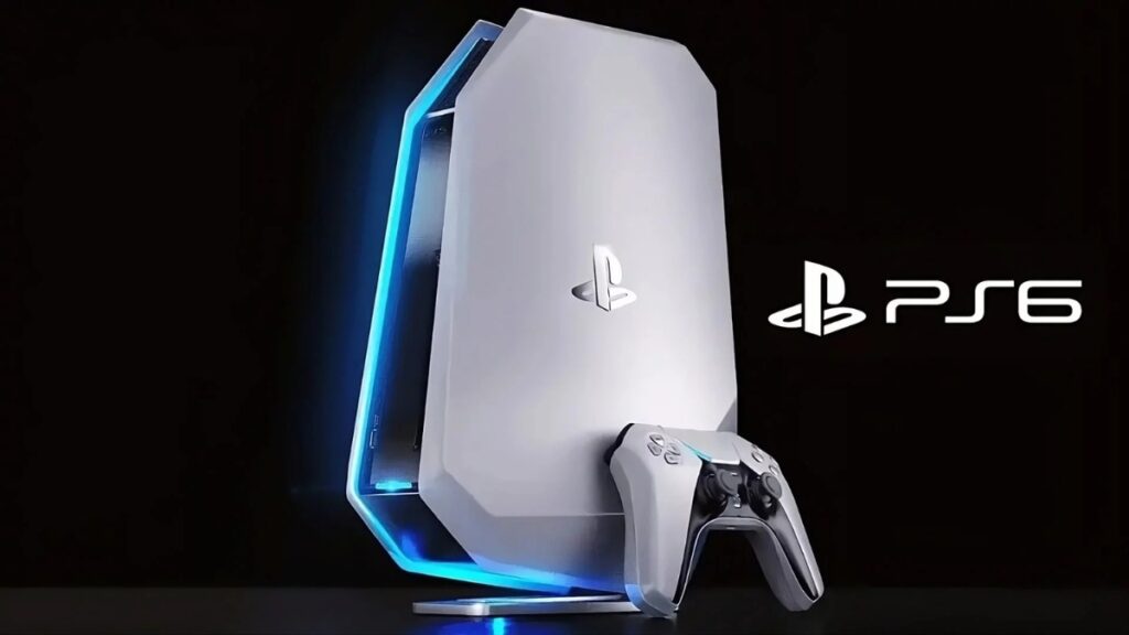 A conceptual design of a futuristic black PlayStation 6 console with blue accent lighting sits next to its matching controller on a dark background.