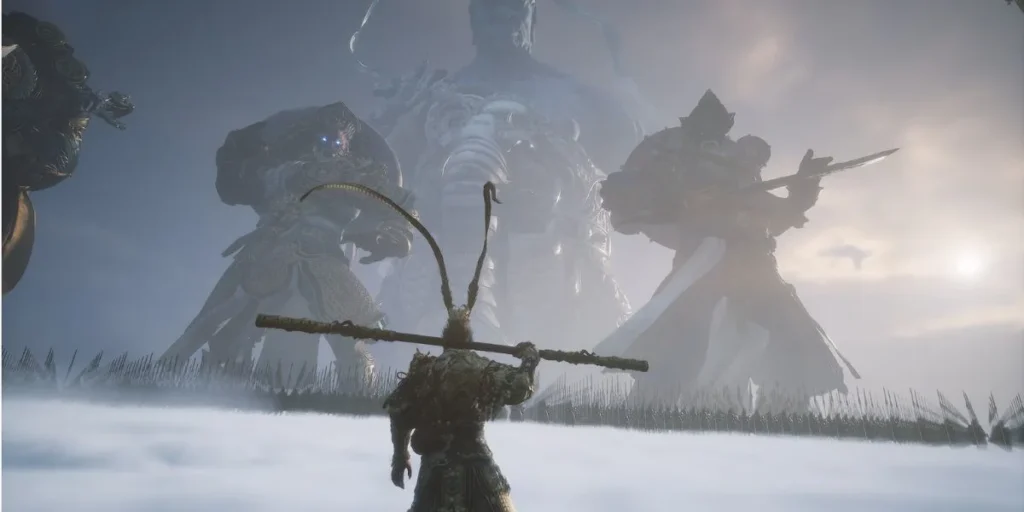 A gameplay screenshot from Black Myth: Wukong showing the hero fighting a giant wolf boss in a snowy forest.