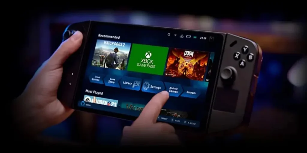 A gamer playing a fast-paced action game on a modern PC gaming handheld.
