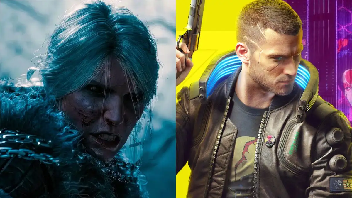 A dynamic split-screen image showing V from Cyberpunk 2077 on one side and Ciri from The Witcher 4 on the other A split image of V from Cyberpunk 2077 and Ciri from The Witcher 4, representing the CD Projekt Red future games.