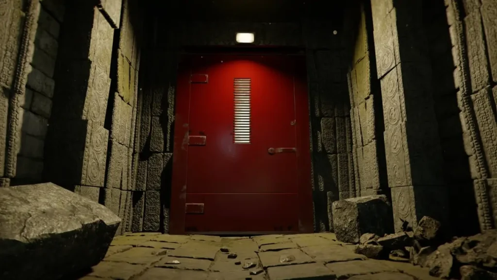 The surreal, red-hued hallway from the Call of Duty: Black Ops Cold War psychological mission 'Break on Through'.