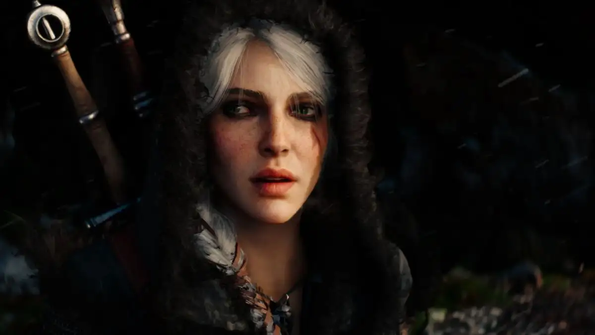 A high-quality screenshot from The Witcher 4 tech demo showing Ciri Ciri, the protagonist of The Witcher 4, stands on a cliff overlooking the beautiful, snow-covered mountains and forests of Kovir.
