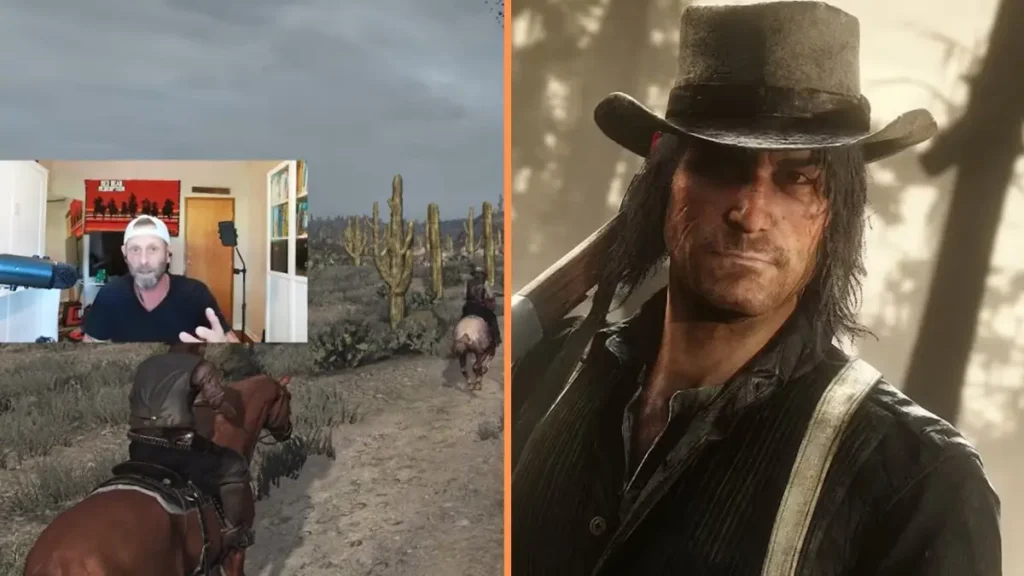 Rob Wiethoff, the voice of John Marston, on his Twitch stream next to an image of the character in Red Dead Redemption 2.