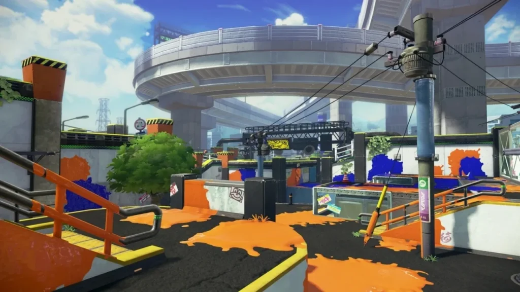 The Urchin Underpass stage in Splatoon 3, with two teams battling in the central area.