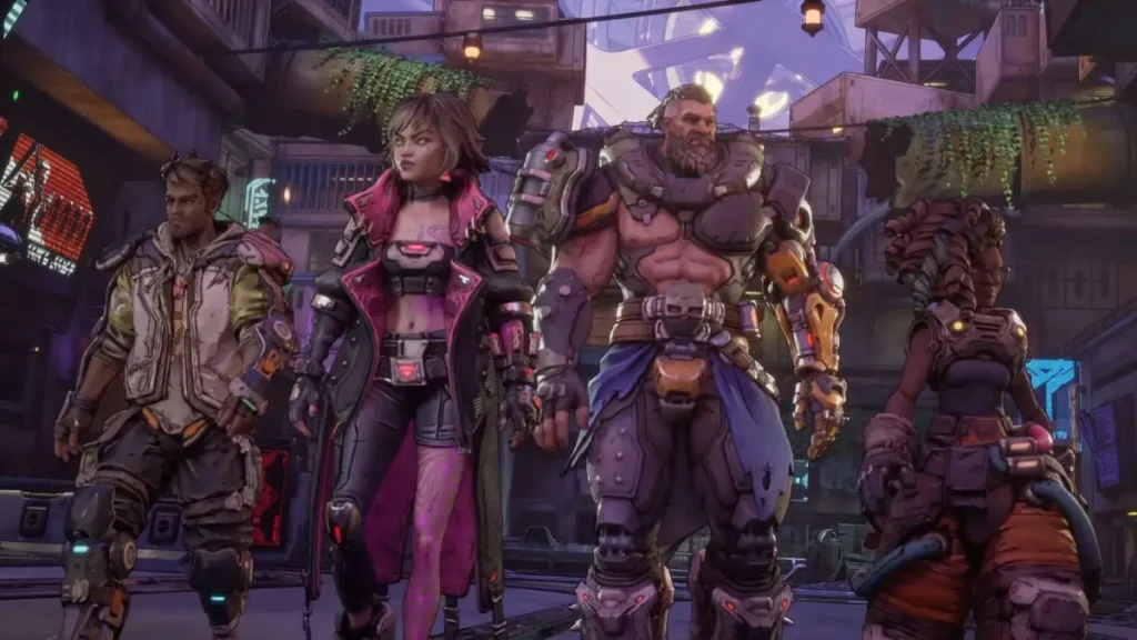 Official key art for Borderlands 4 showing the four new Vault Hunters ready for a fight on the planet Kairos.