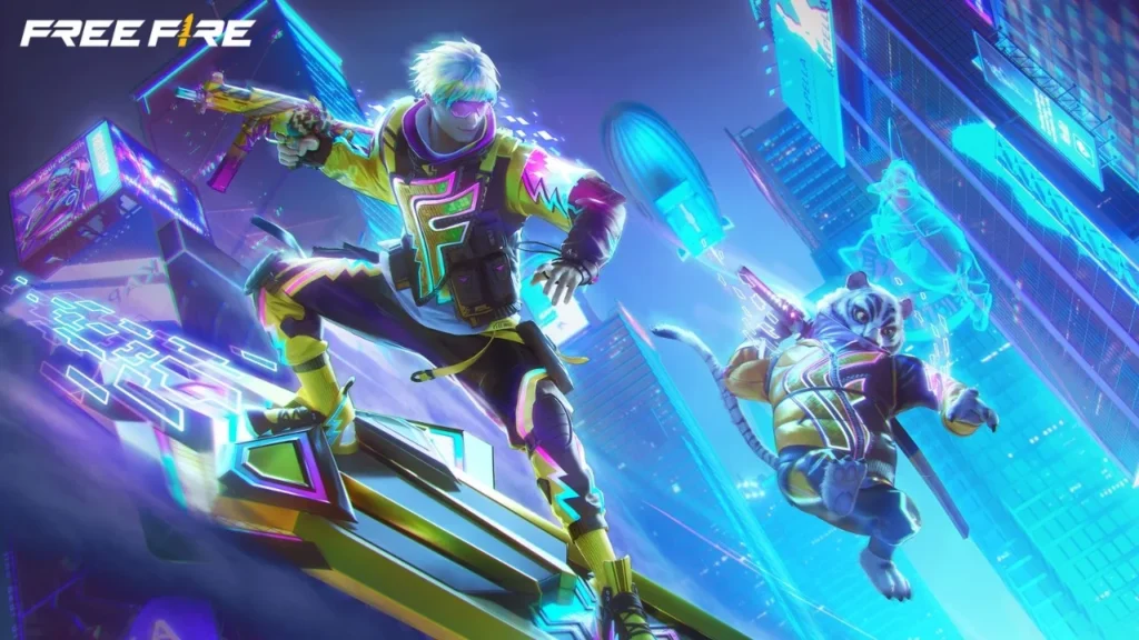 A group of Garena Free Fire Max characters in the middle of a battle, showing off their colorful weapon skins and outfits.