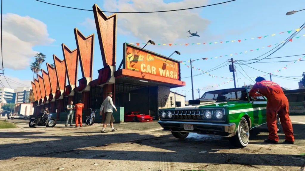A player character looks over the "Hands On Car Wash," the new front business in the GTA Online: Money Fronts update.
