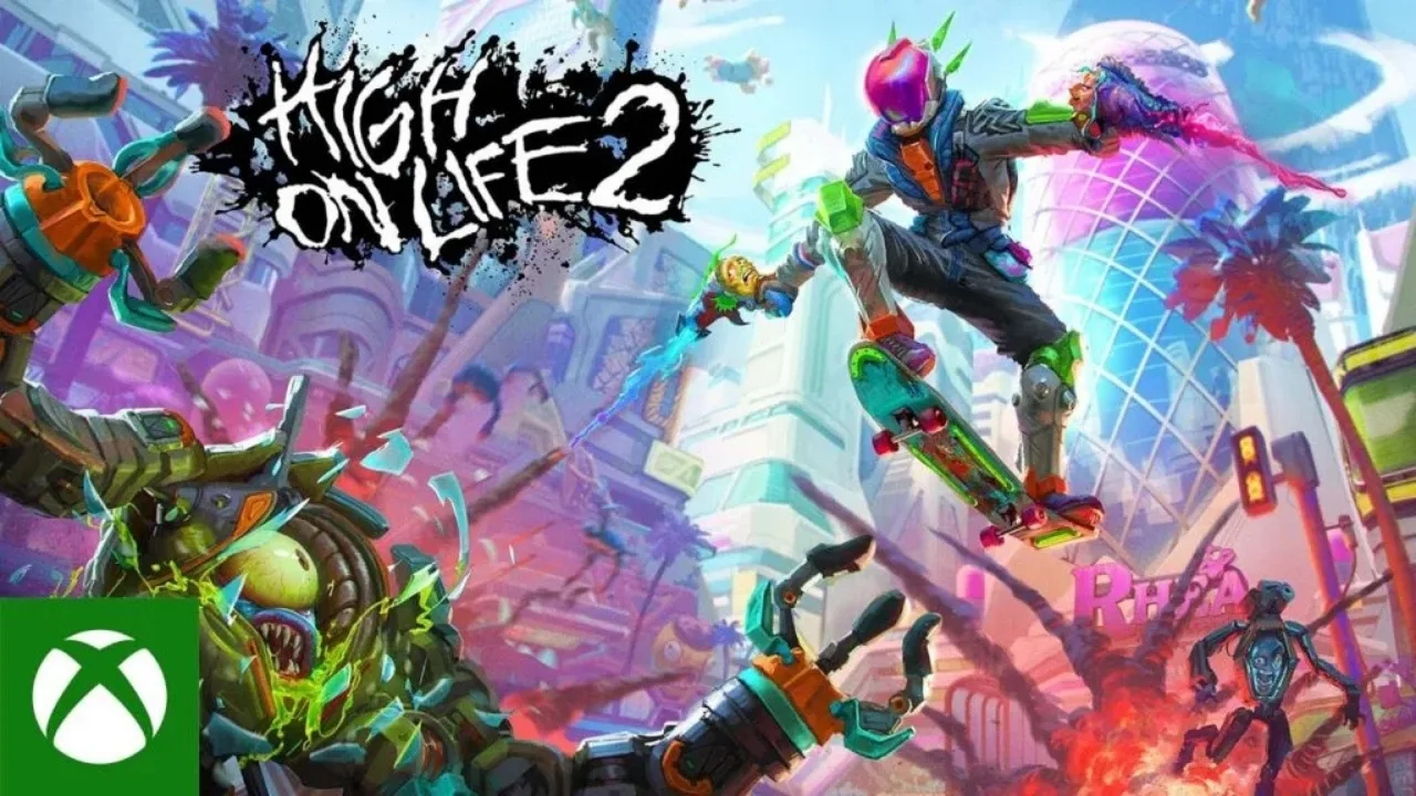 Official title reveal for High on Life 2, showing the game's colorful logo against a cosmic background.