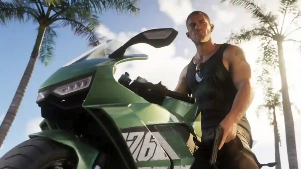 Jason rides a motorcycle through the neon-lit streets of Vice City in GTA 6, showcasing next-gen graphics and dynamic lighting.