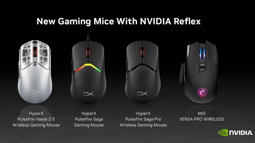 The four new HyperX and MSI gaming mice, which feature support for the NVIDIA Reflex Analyzer to measure system latency.