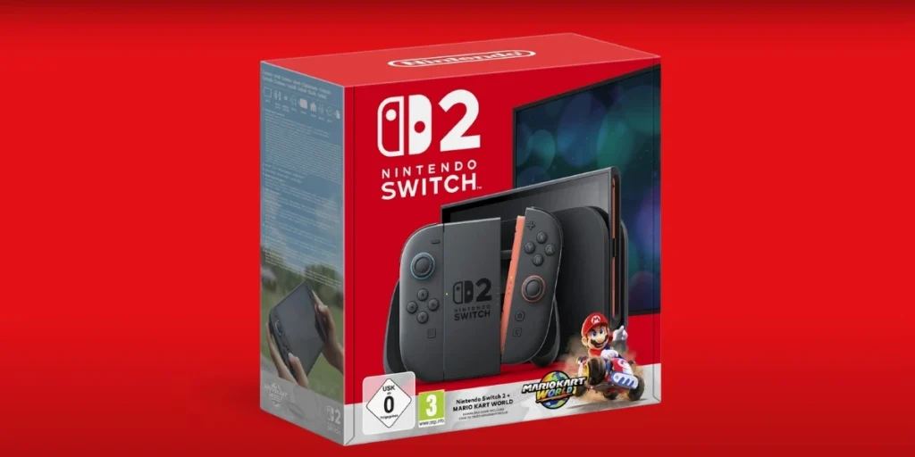 The official retail box for the Nintendo Switch 2 Mario Kart World bundle, showing the console and game art. Nintendo Switch 2 Restock