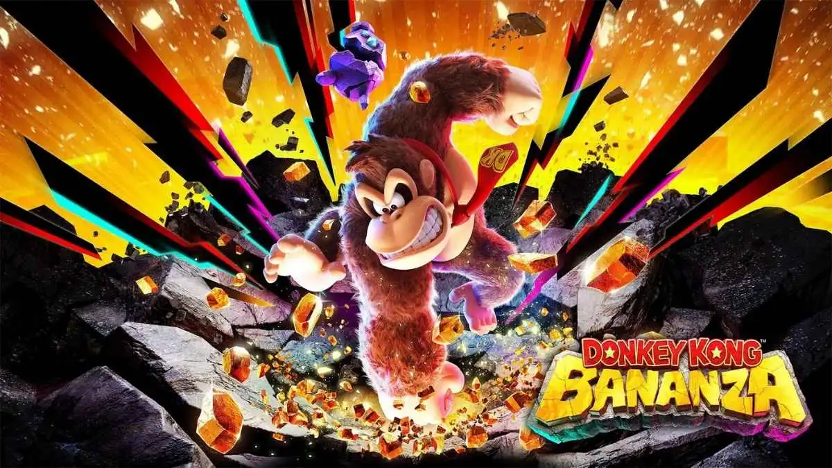 ALT Text 3: Donkey Kong beats his chest triumphantly in the official key art for Donkey Kong Bananza on Nintendo Switch 2.
