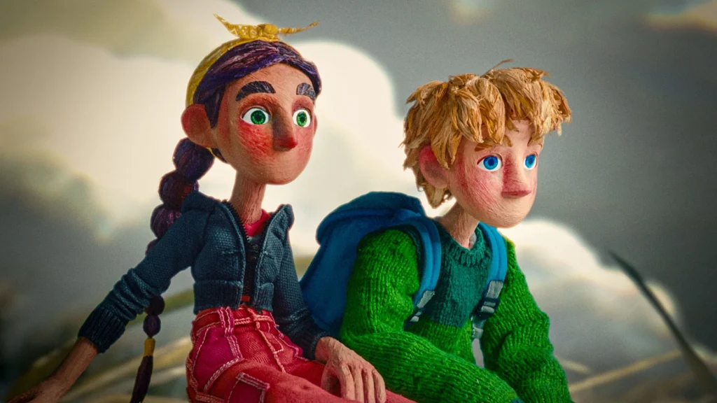 Key art for the Out of Words game showing the two main characters, Karla and Curt, standing in a surreal, handcrafted landscape.
