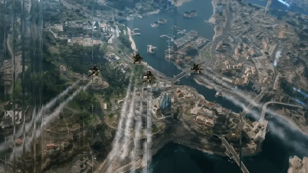 Call of Duty: Black Ops 7 campaign gameplay showing co-op mission in Avalon with wingsuit traversal