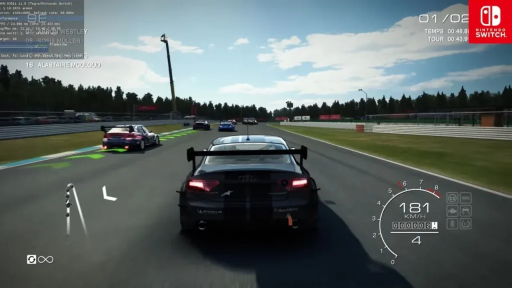 A modded version of Grid Autosport running on Nintendo Switch 2 with maxed-out graphics settings and a 60 FPS counter.