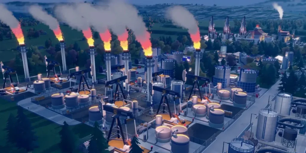 Rise of Industry 2 gameplay showing active production chains for electronics and alcohol in a stylized 1980s factory setup