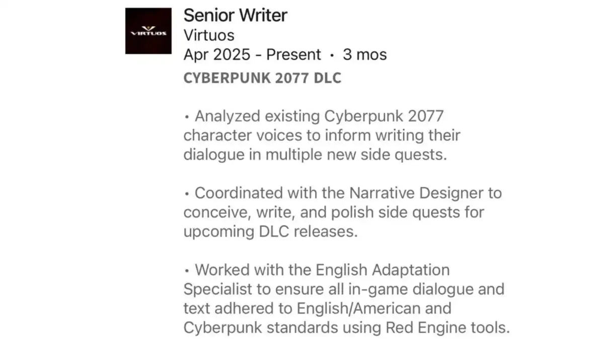 Screenshot of the LinkedIn profile mentioning the Cyberpunk 2077 DLC A screenshot of a LinkedIn profile that hints at new Cyberpunk 2077 DLC being developed by Virtuos for CD Projekt Red.