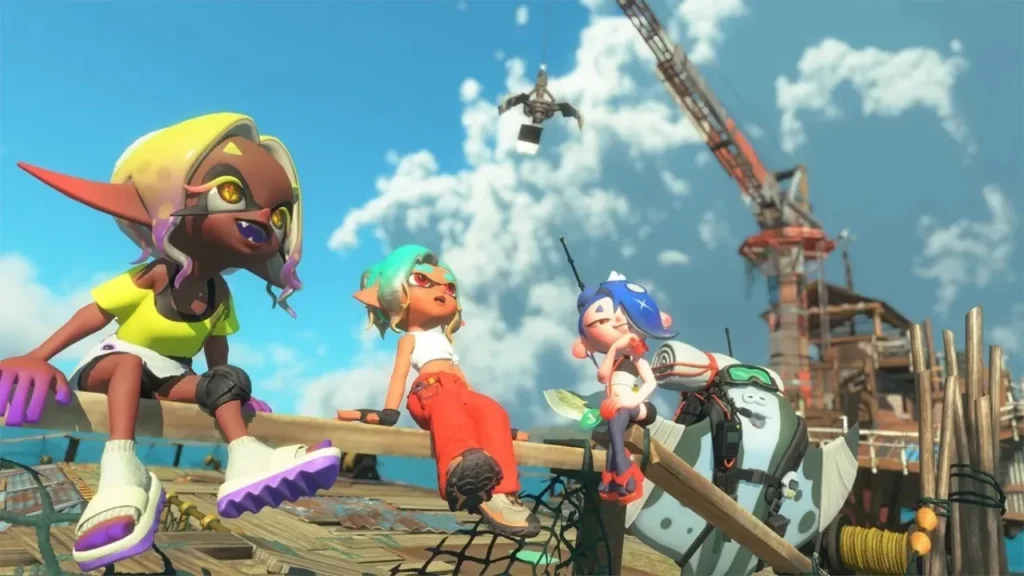 Official key art for Splatoon Raiders showing the Deep Cut trio and a new character on the Spirhalite Islands.