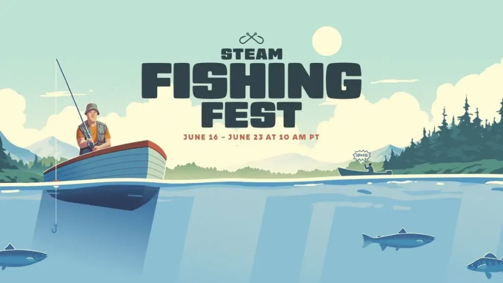 Official key art for the Steam Fishing Fest event showing various game logos and characters. Steam Free Downloads