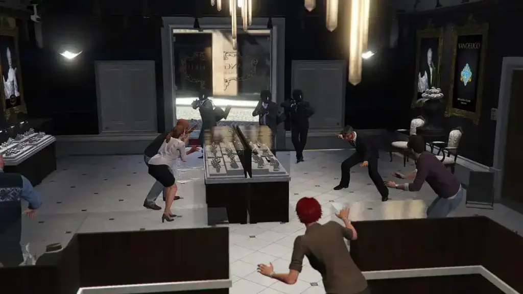 Jewelry Store Job: Franklin and another character escape on motorcycles through the Los Santos sewers after the iconic Jewelry Store Heist.
