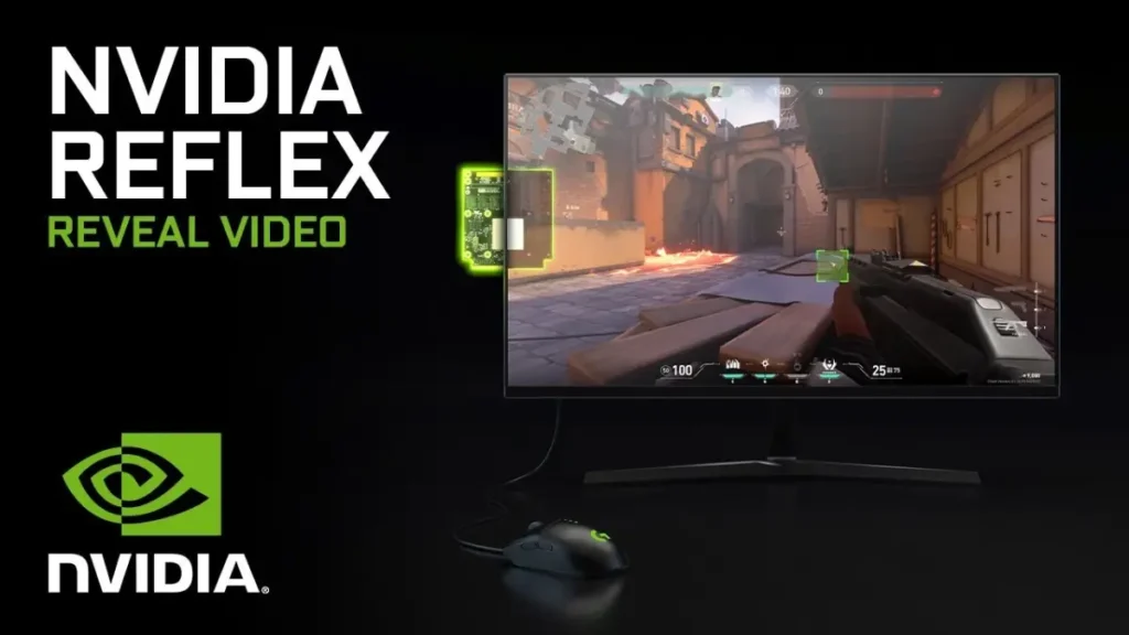 A promotional banner for NVIDIA Reflex technology, listing game logos like Fortnite and CS2 to highlight its widespread support in over 150 games.