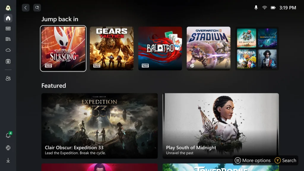 A user-interface mockup of the new full-screen Xbox app for Windows 11, designed for the Xbox Ally.