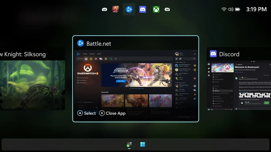 A user-interface mockup of the new full-screen Xbox app for Windows 11, designed for the Xbox Ally.