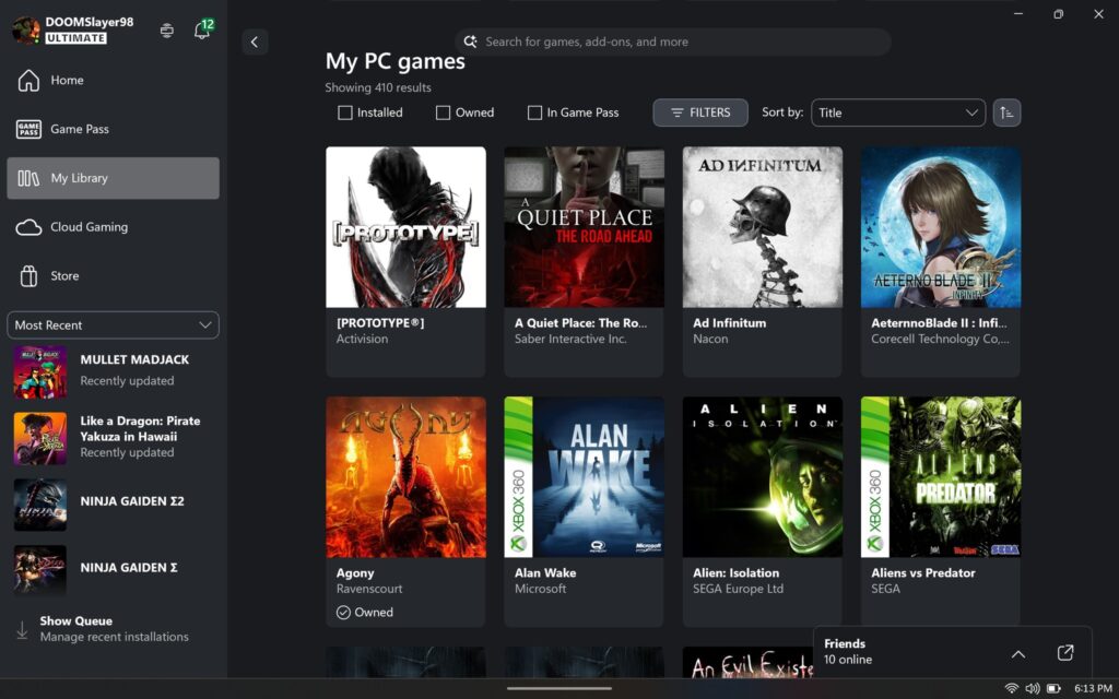 A user's library in the Xbox PC app showing the Xbox 360 version of Alan Wake next to PC games.
