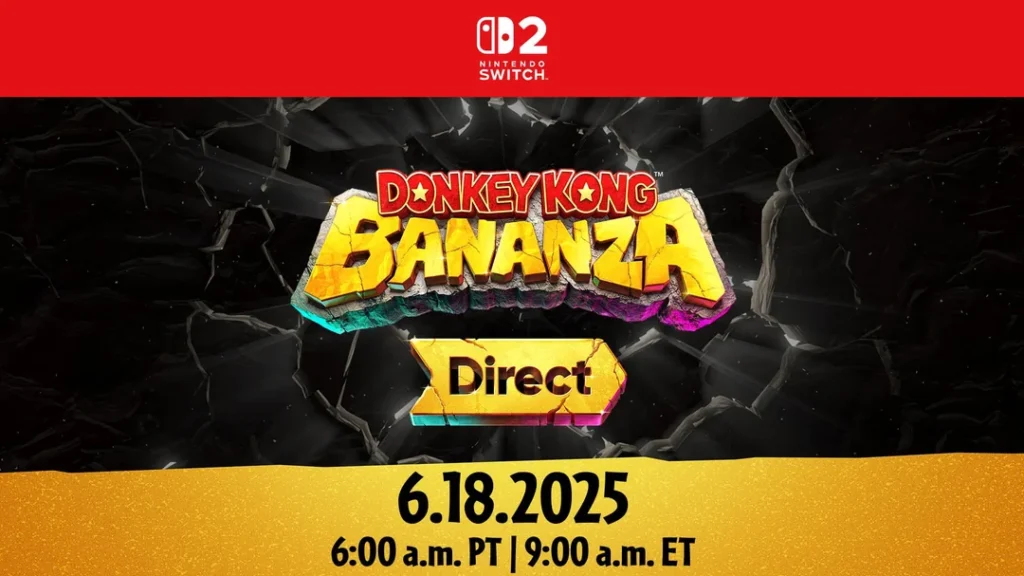 The official announcement graphic for the Donkey Kong Bananza Direct, showing the date, June 18, 2025, and broadcast times.