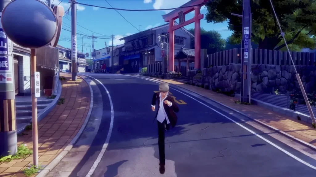 A gameplay screenshot from the Persona 4 Revival trailer, displaying the graphically updated main shopping street in Inaba.