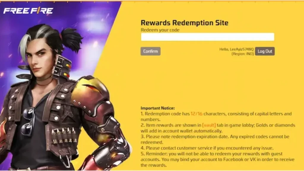 The official Garena rewards redemption page, highlighting the text box where players enter their Garena Free Fire Max redeem codes.